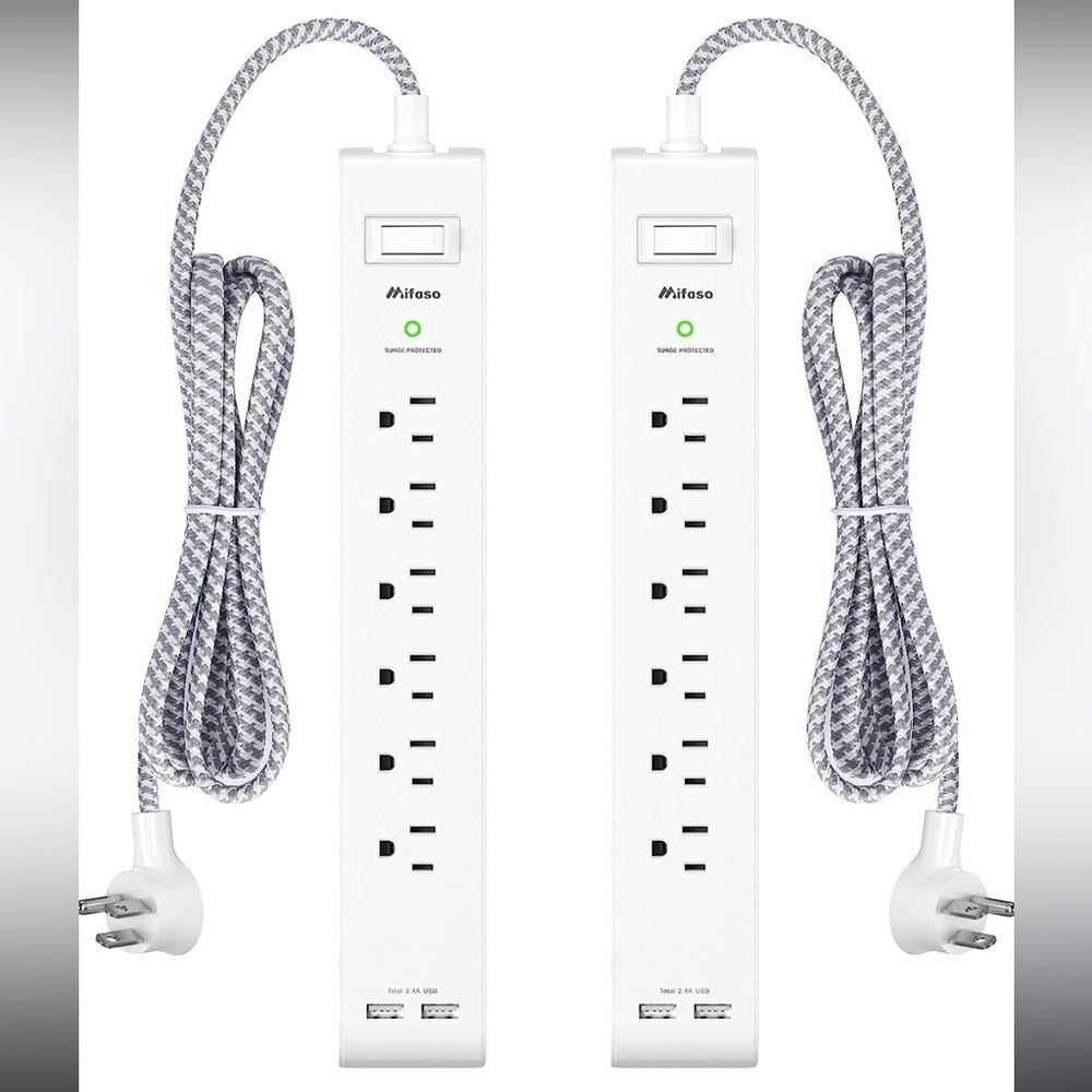 2 Pack Power Strip Surge Protector, 6 Outlets 2 USB Ports 5Ft Extension Cords